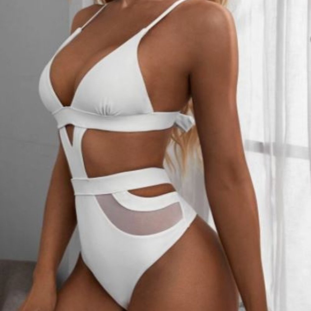 White Mesh Monokini One-piece Swimsuit
